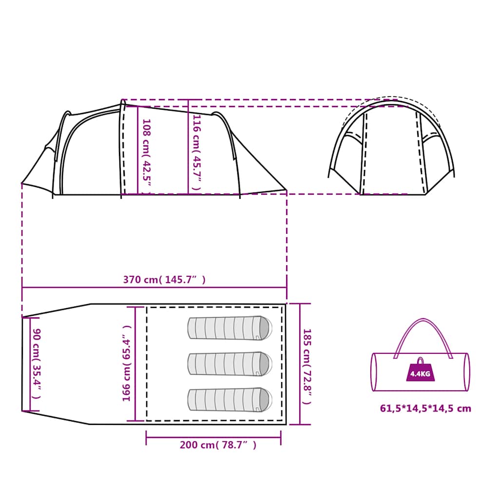 Tenda da Campeggio a Tunnel per 3 Persone Blu Impermeabile