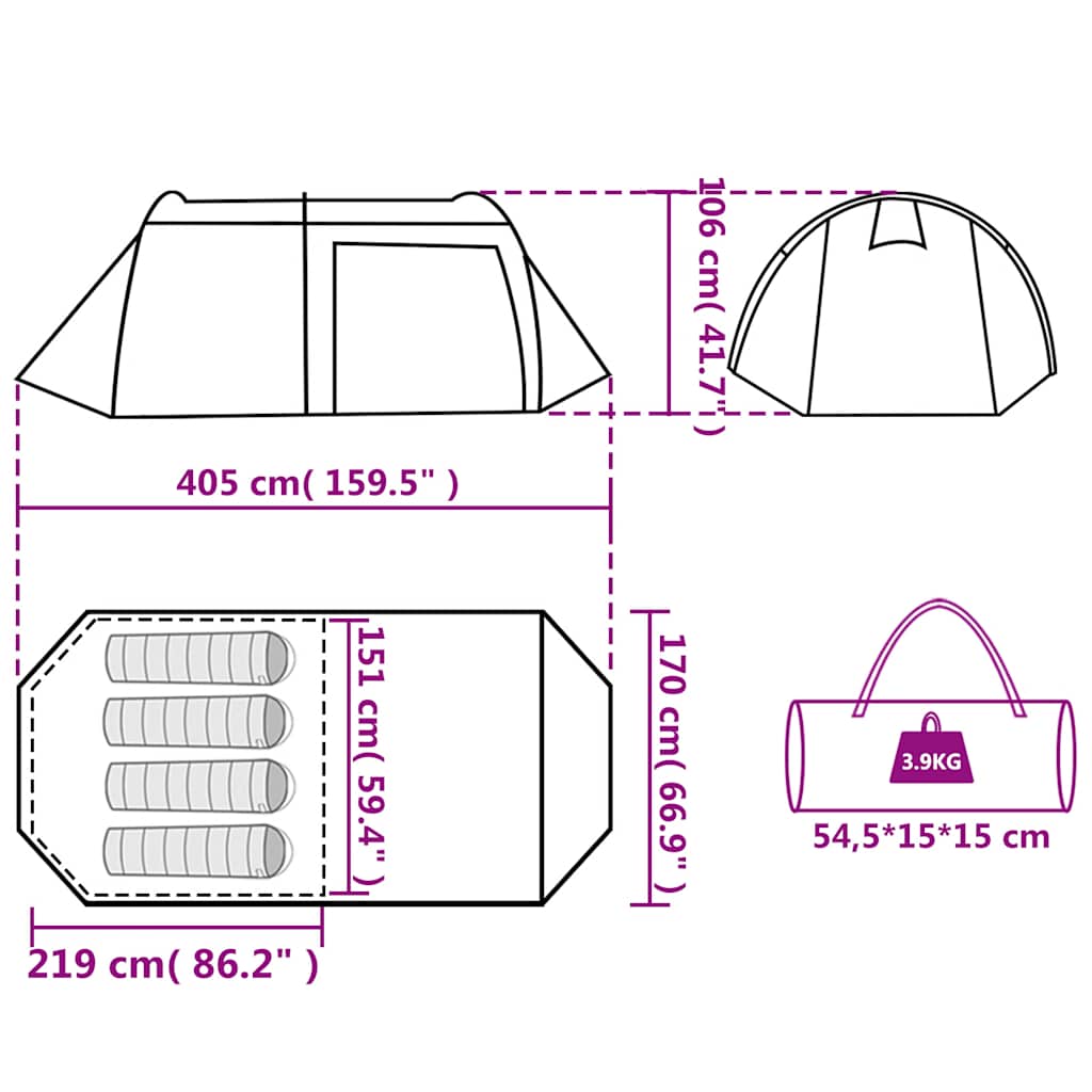 Tenda da Campeggio a Tunnel per 4 Persone Verde Impermeabile