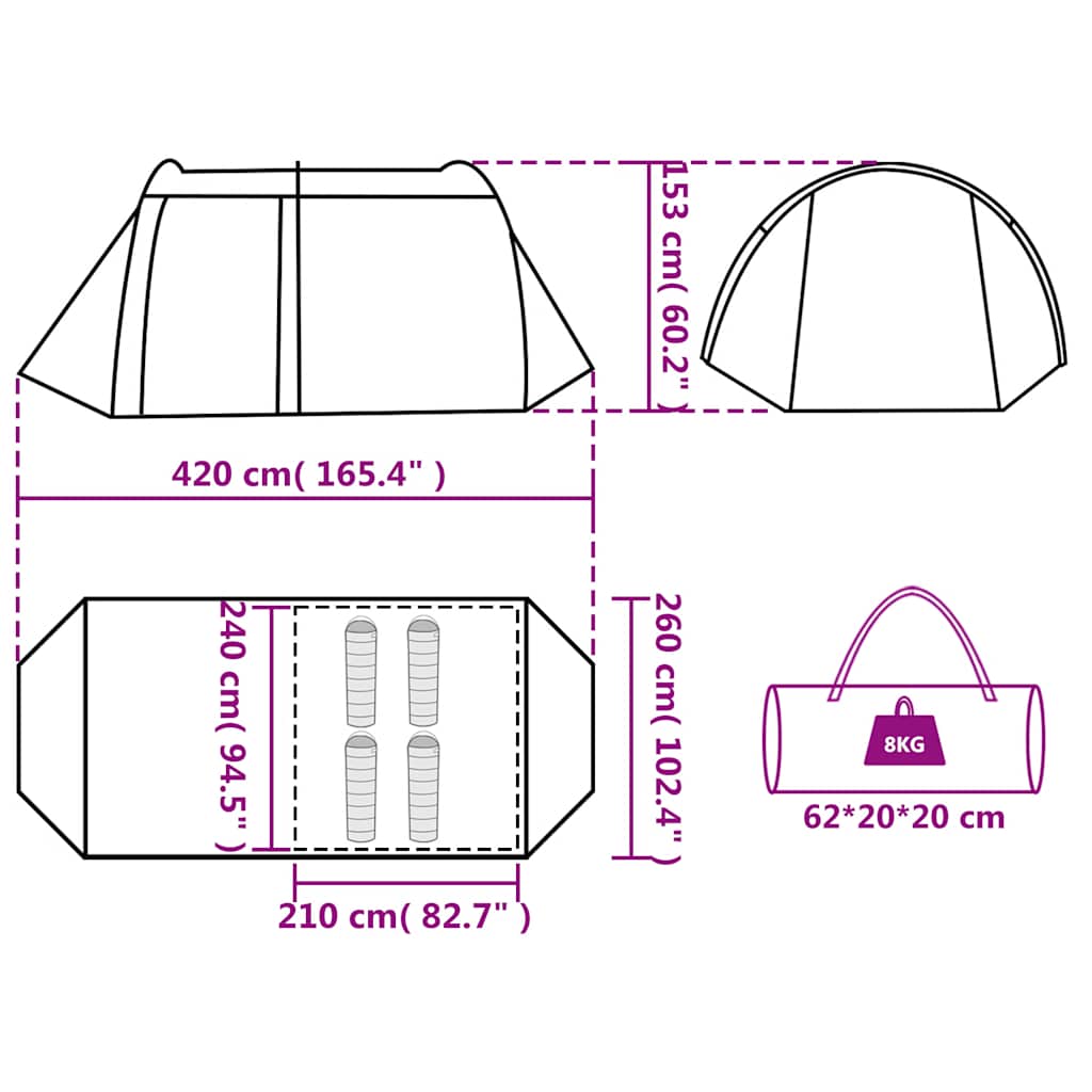 Tenda da Campeggio a Tunnel per 4 Persone Blu Impermeabile