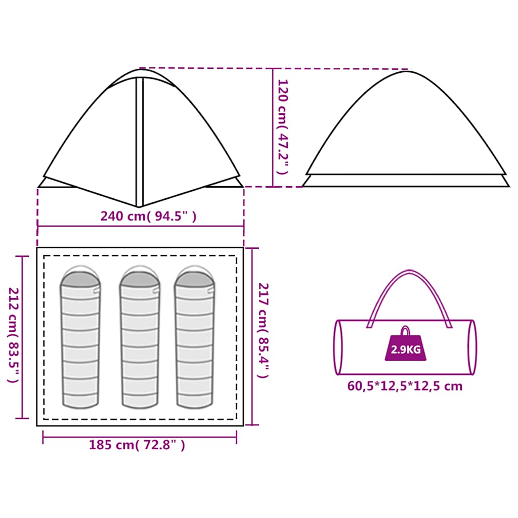 Tenda da Campeggio a Cupola per 3 Persone Verde Impermeabile