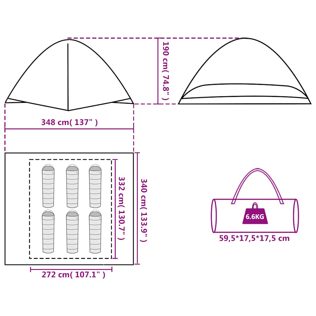 Tenda da Campeggio a Cupola per 6 Persone Verde Impermeabile