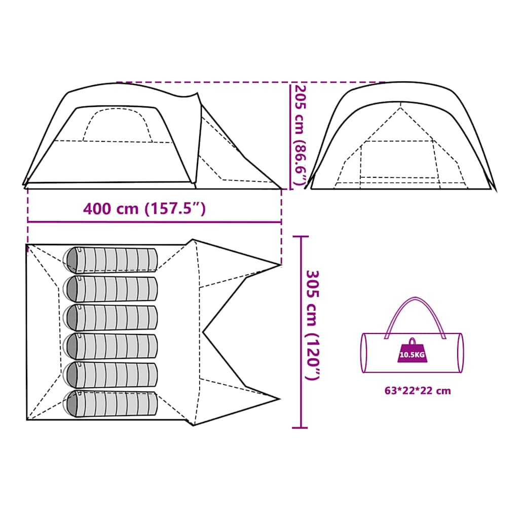 Tenda da Campeggio a Cupola per 6 Persone Verde Impermeabile