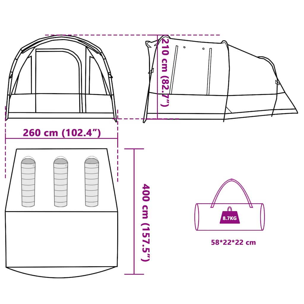 Tenda da Campeggio a Tunnel per 3 Persone Verde Impermeabile