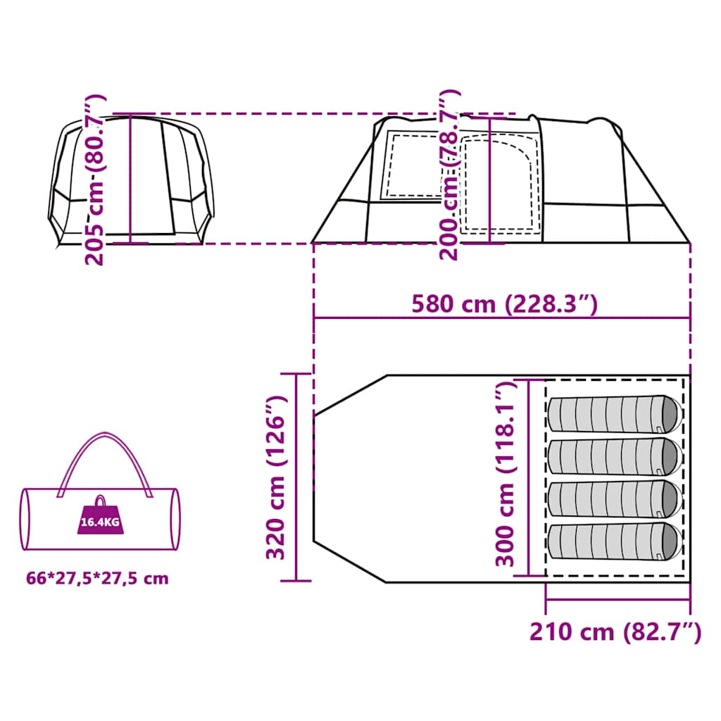 Tenda da Campeggio a Tunnel per 4 Persone Verde Impermeabile