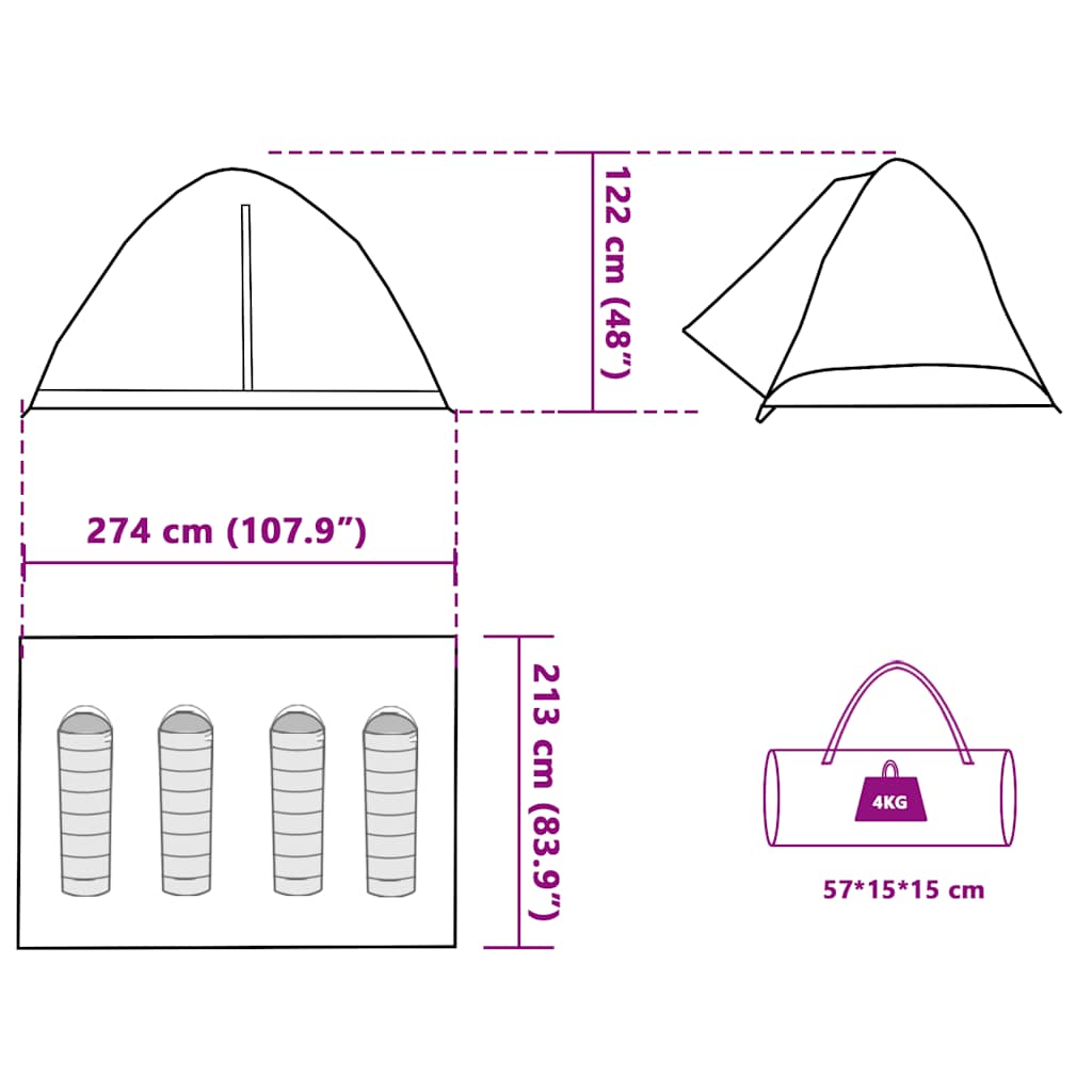 Tenda da Campeggio a Cupola per 4 Persone Verde Impermeabile