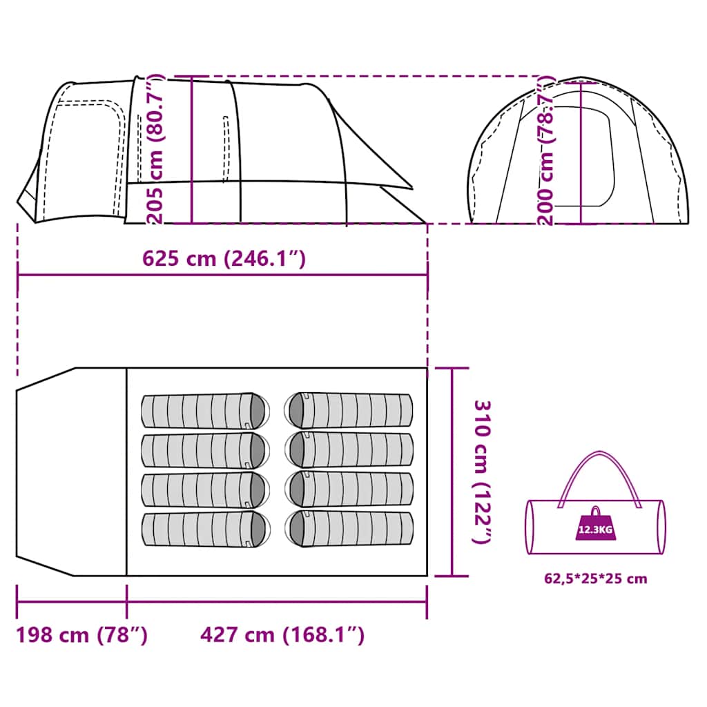 Tenda Familiare a Tunnel per 8 Persone Verde Impermeabile