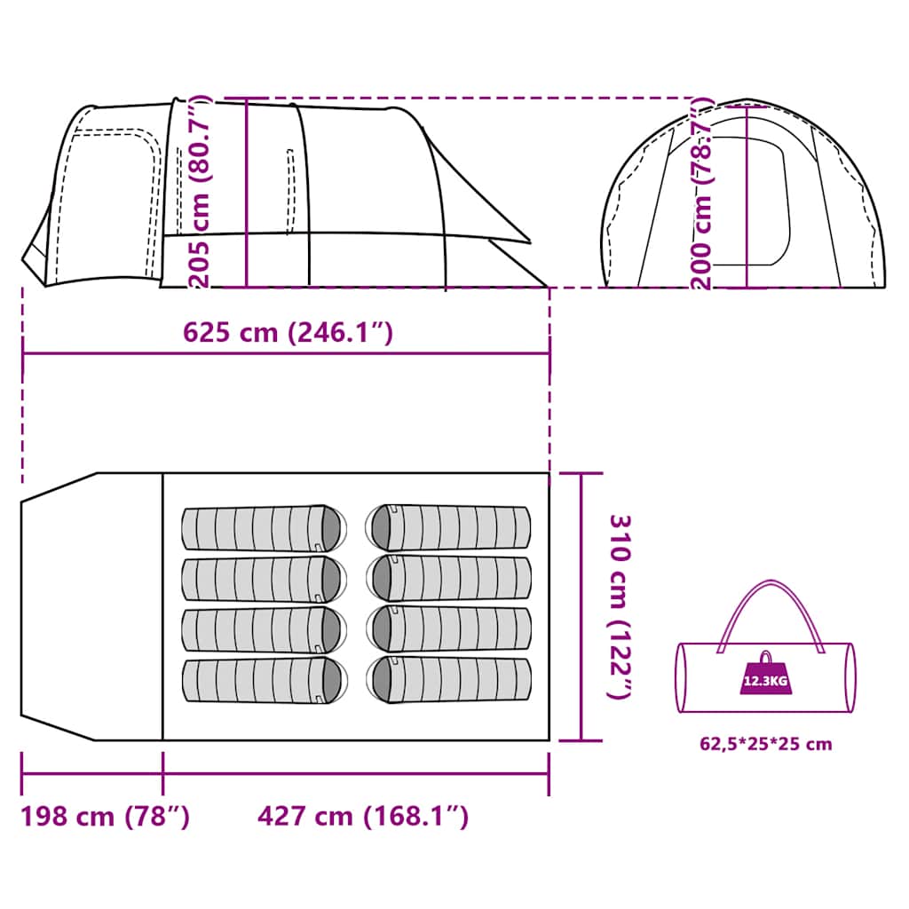 Tenda Familiare a Tunnel per 8 Persone Grigia e Arancione Impermeabile