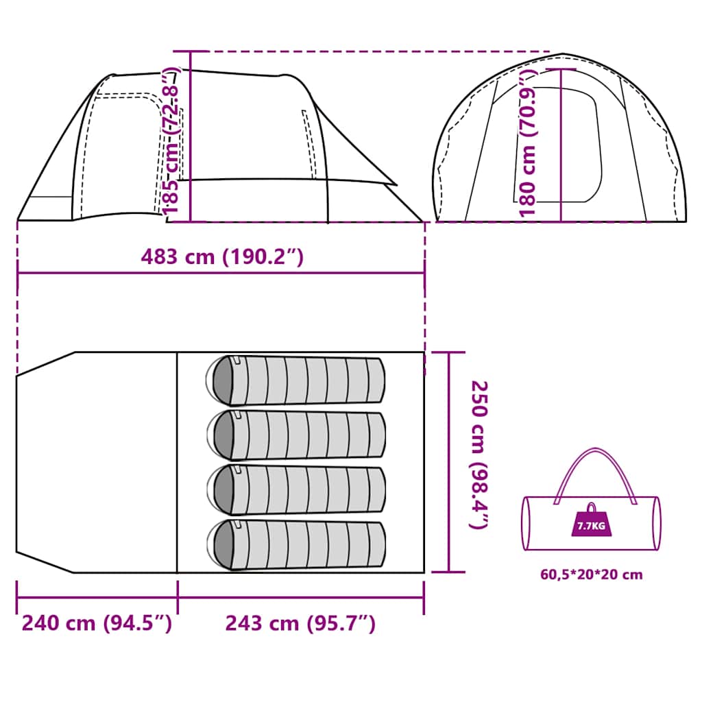 Tenda da Campeggio a Tunnel per 4 Persone Verde Impermeabile