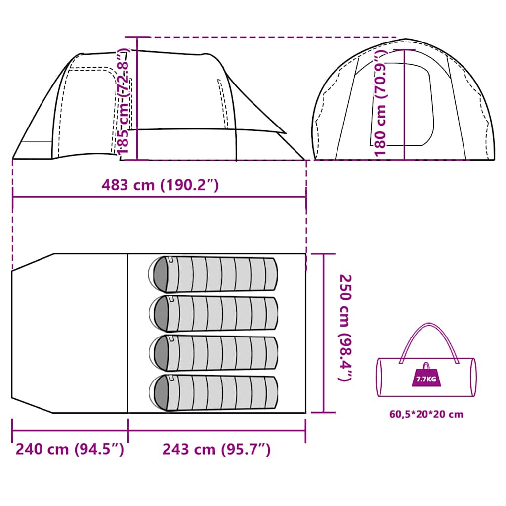 Tenda da Campeggio a Tunnel per 4 Persone Grigia e Arancione Impermeabile
