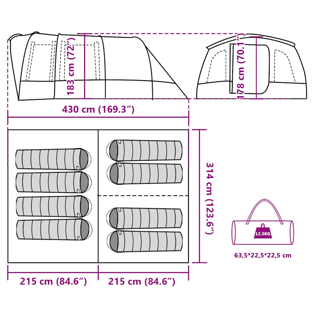 Tenda Familiare a Tunnel per 8 Persone Blu Impermeabile