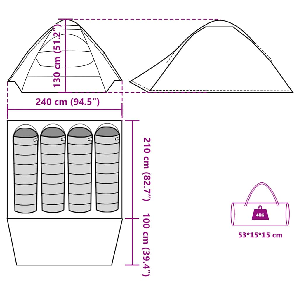 Tenda da Campeggio a Cupola per 4 Persone Verde Impermeabile