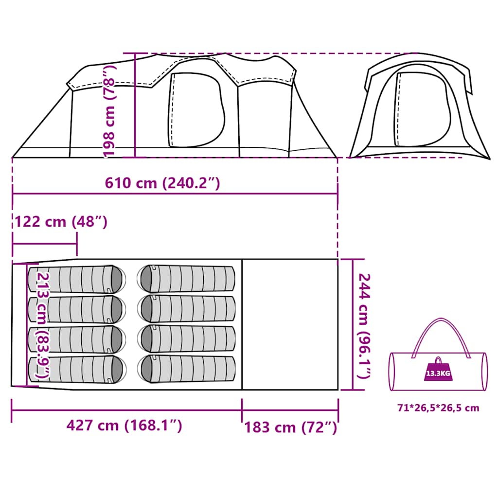Tenda Familiare a Tunnel 8Persone Grigia Arancione Impermeabile