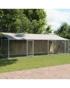 Gabbia Cani con Tetto e Porte Grigia 6x2x2 m in Acciaio Zincato
