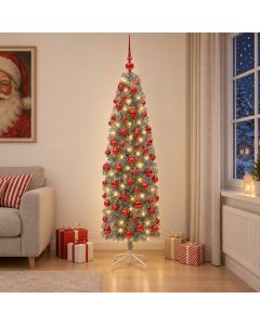 Albero di Natale Artificiale Slim con Palline 210 cm 300 LED
