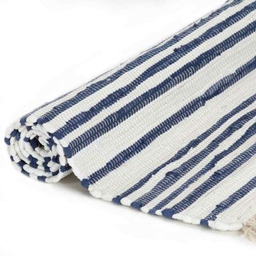 Tappeto Chindi Tessuto a Mano in Cotone 120x170 cm Blu e Bianco