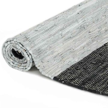 Tappeto Chindi Artigianale Pelle 160x230cm Grigio Chiaro e Nero