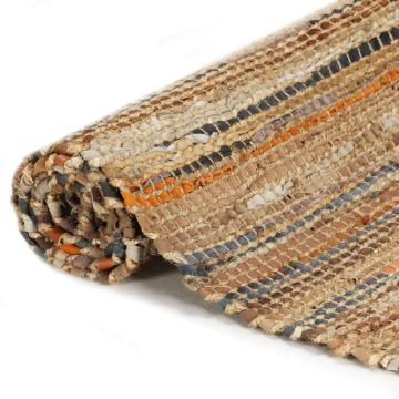 Tappeto Chindi Tessuto a Mano in Pelle e Iuta 80x160 cm Tanno