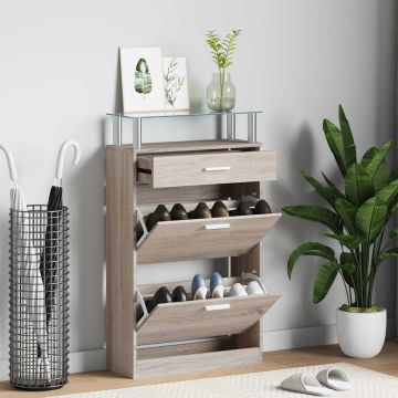Scarpiera con 1 Cassetto e Mensola Vetro Sopra in Legno Rovere