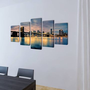 5 pz Set Stampa su Tela da Muro Vista sul Ponte di Brooklyn 100 x 50cm