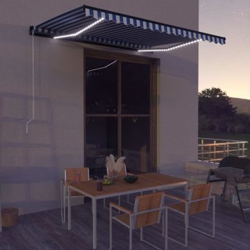 Tenda da Sole Retrattile Manuale e LED 400x300cm Blu e Bianco