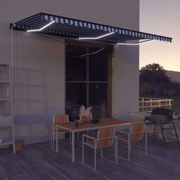 Tenda da Sole Retrattile Manuale con LED 600x300cm Blu e Bianco