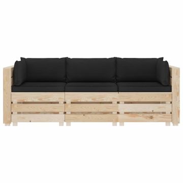 Divano da Giardino in Pallet 3 Posti con Cuscini Nero in Legno