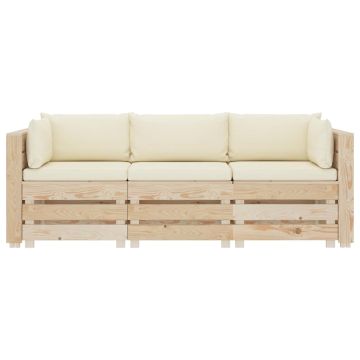 Divano da Giardino in Pallet 3 Posti con Cuscini Crema in Legno
