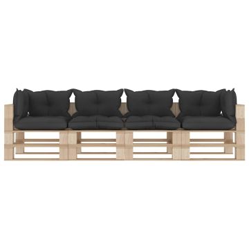 Divano da Giardino in Pallet 4 Posti con Cuscini Neri in Legno