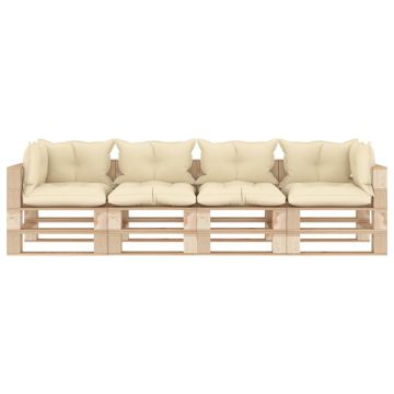 Divano da Giardino in Pallet 4 Posti con Cuscini Crema in Legno