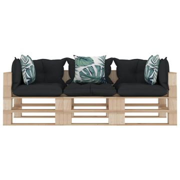 Divano a Pallet 3 Posti con Cuscini Antracite e Fiori in Legno