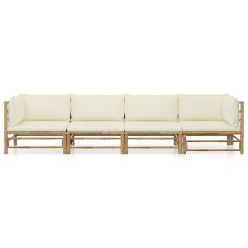 Set Divani da Giardino 4 pz con Cuscini Bianco Crema in Bambù