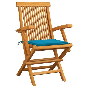 Sedie pieghevoli con cuscini blu, 6 pezzi, in legno massello di teak.