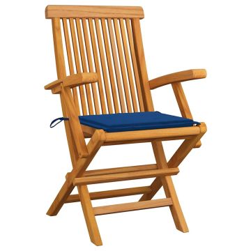 Sedie pieghevoli con cuscini blu royal, 6 pezzi, in legno massello di teak.