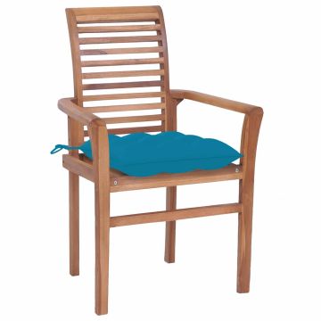 Sedie da Pranzo 4 pz con Cuscini Azzurro in Massello di Teak