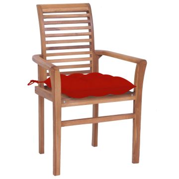 Sedie da Pranzo 4 pz con Cuscini Rossi in Massello di Teak