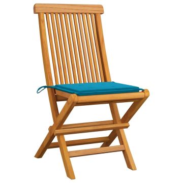 Sedie pieghevoli con cuscini blu, 6 pezzi, in legno massello di teak.