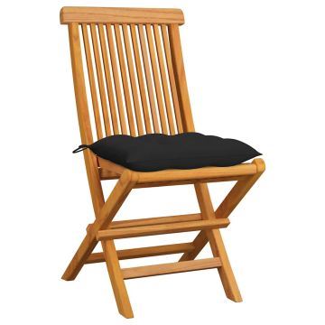 Sedie Pieghevoli con Cuscini Neri 6 pz in Massello di Teak