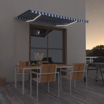 Tenda da Sole Retrattile Manuale con LED 350x250cm Blu e Bianca
