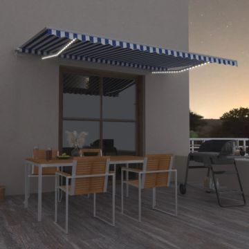 Tenda da Sole Retrattile Manuale con LED 500x300cm Blu e Bianco