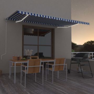 Tenda Automatica Sensore Vento e LED 500x300 cm Blu Bianca