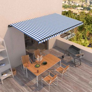 Tenda da Sole Retrattile Manuale con LED 500x300cm Blu e Bianco