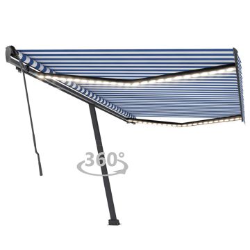 Tenda da Sole Retrattile Manuale LED 500x350 cm Blu e Bianca