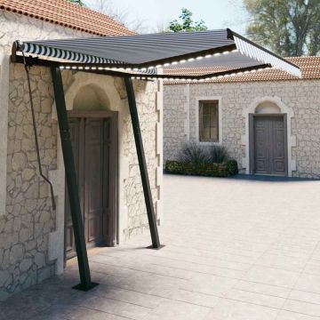 Tenda da Sole Retrattile Manuale con LED 3,5x2,5m Blu e Bianca