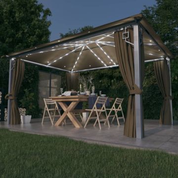Gazebo con Tende e Luci LED 400x300 cm Grigio Talpa Alluminio