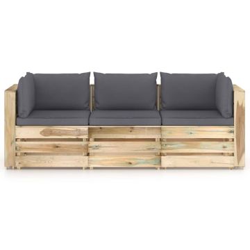 Divano da Giardino 3 Posti con Cuscini Legno Impregnato Verde