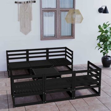 Set Divani da Giardino 7 pz Nero in Legno Massello di Pino