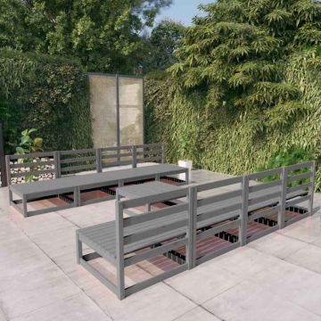 Set Divani da Giardino 9 pz Grigio in Legno Massello di Pino