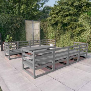 Set Divani da Giardino 9 pz Grigio in Legno Massello di Pino