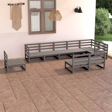 Set Divani da Giardino 9 pz Grigio in Legno Massello di Pino
