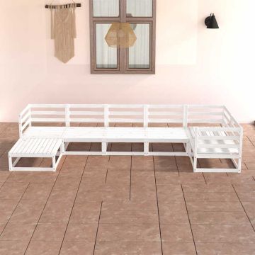 Set Divani da Giardino 7 pz Bianchi in Legno Massello di Pino
